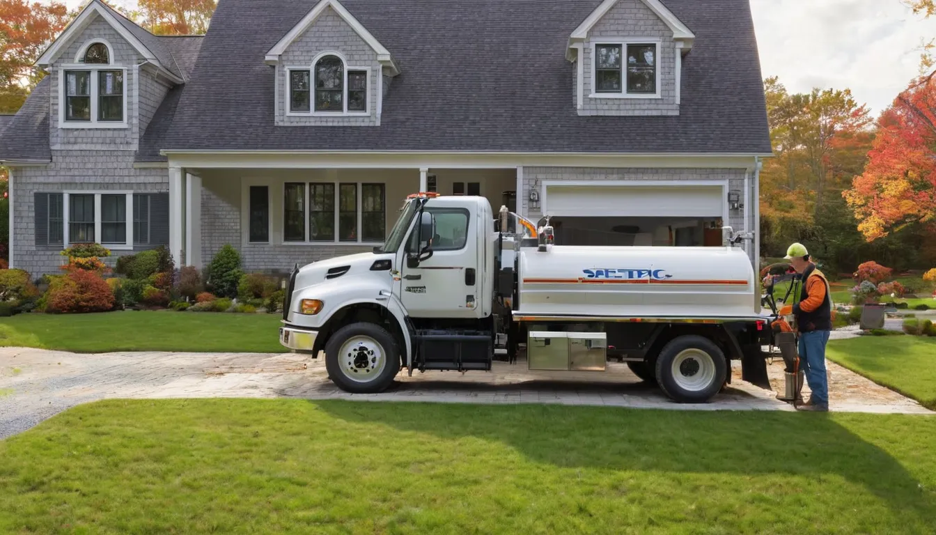 Septic tank pumping truck parked beside a home in the Harrison area with a hose running to the tank lid